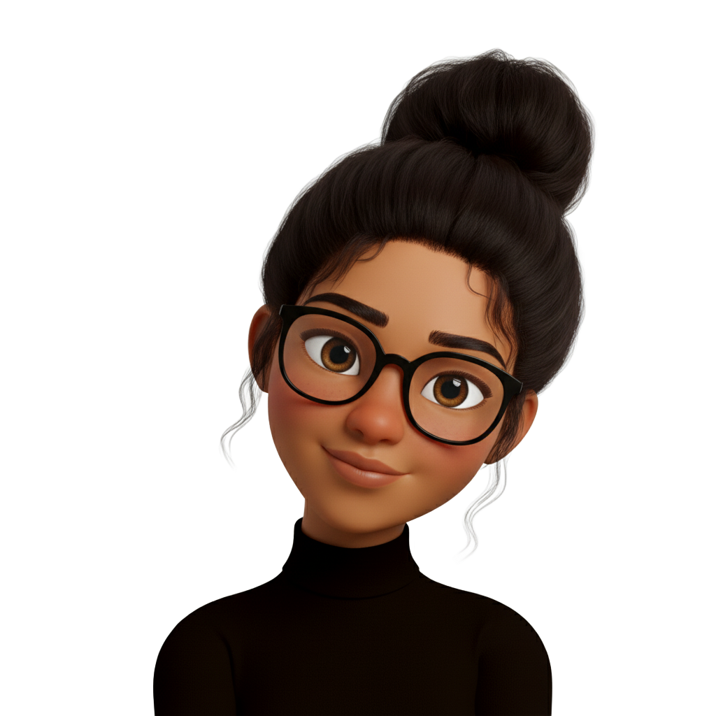 Animated woman with bun, glasses, and black turtleneck smiling.