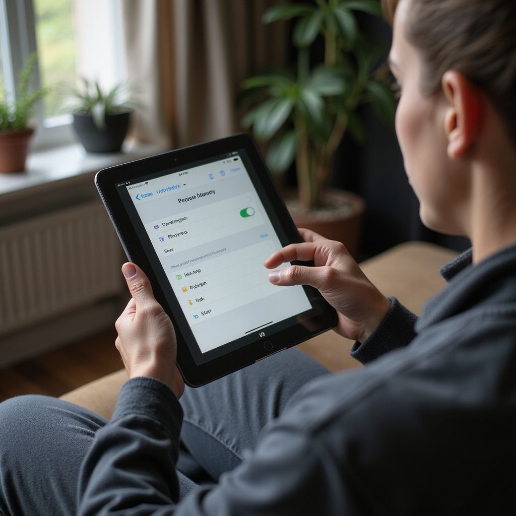 Person using a tablet indoors, browsing a list. Gray clothing, brown couch, plants and window in background.