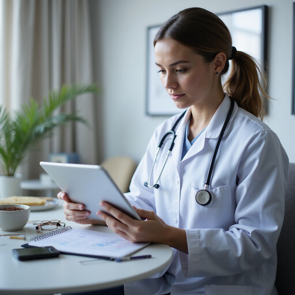 Doctor in a white coat, stethoscope, looking at a tablet, at a table with notes and breakfast.