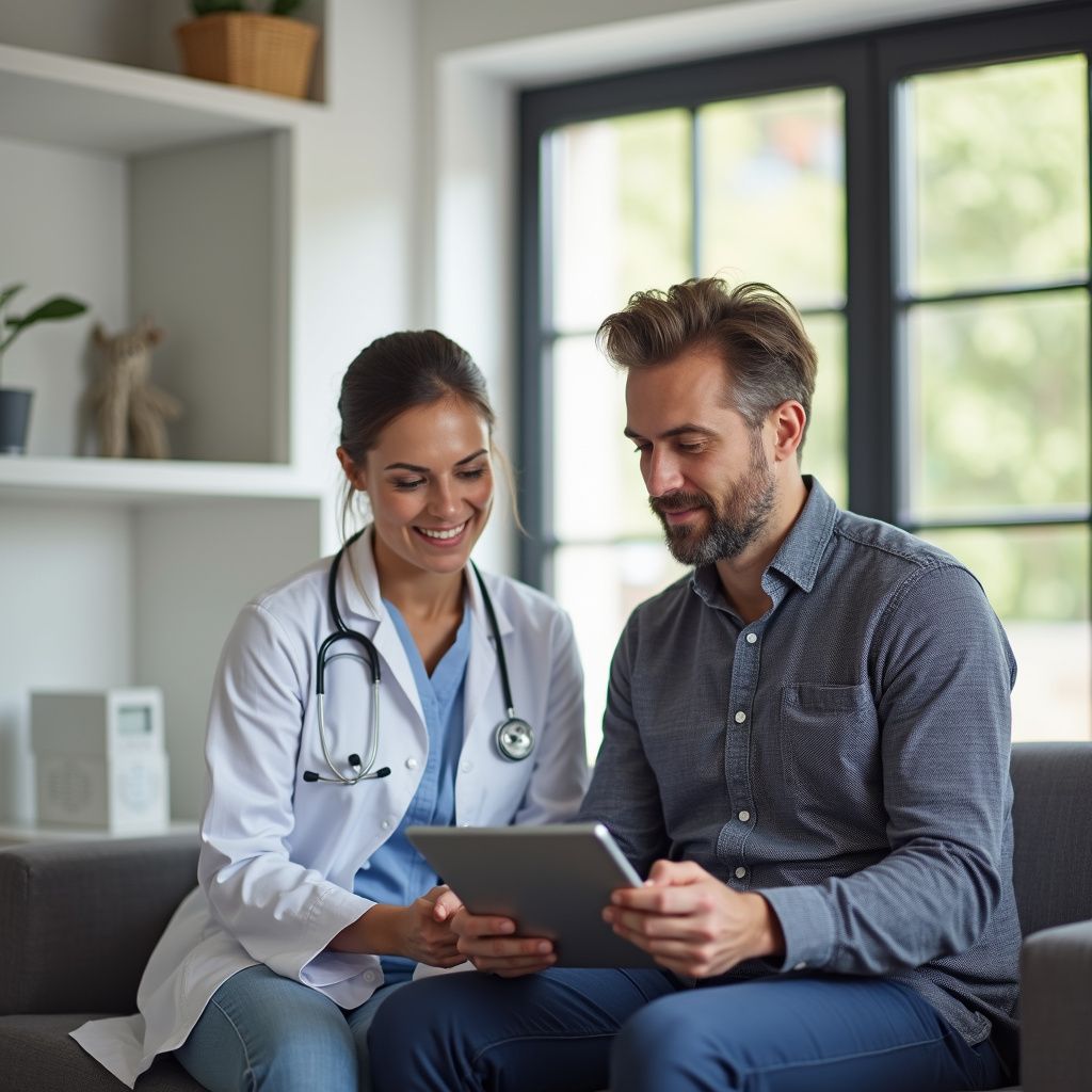 Doctor and patient looking at a tablet, smiling, in a home setting.