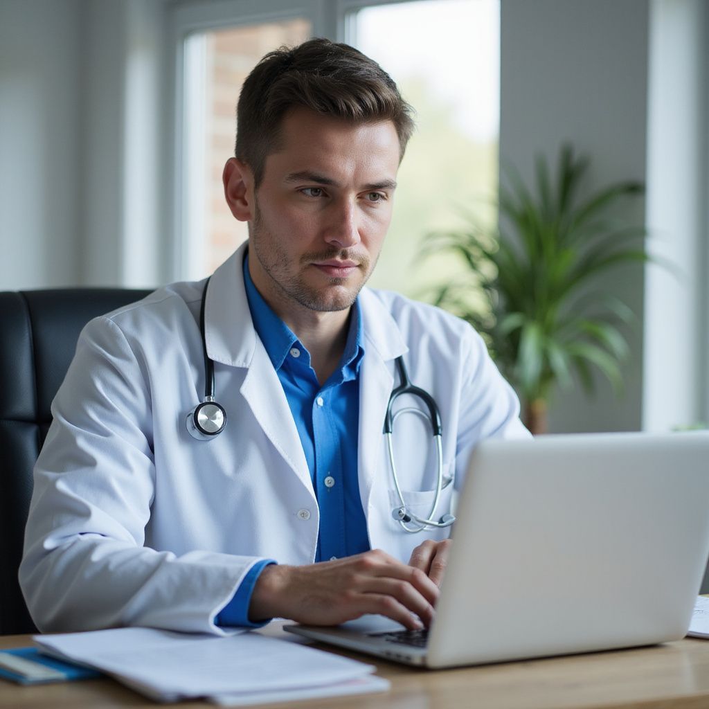 Doctor in white coat, stethoscope around neck, typing on laptop at desk in office.