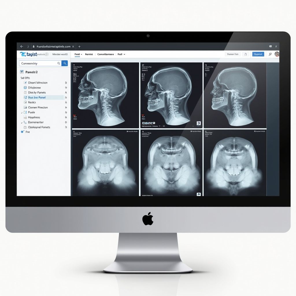 Computer screen displaying medical scans of a human skull, likely for diagnostic purposes.