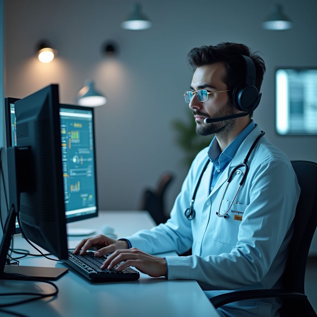 Doctor with headset typing at computer, monitoring data on screen in a dimly lit office.