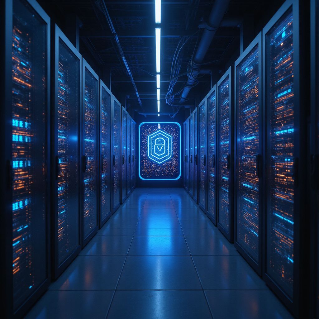 A data center hallway with glowing server racks, blue and orange lights, and a security shield icon at the end.
