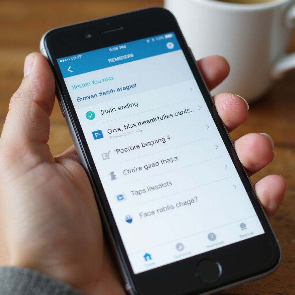 Hand holding a smartphone displaying a to-do list, with a coffee cup in the background.