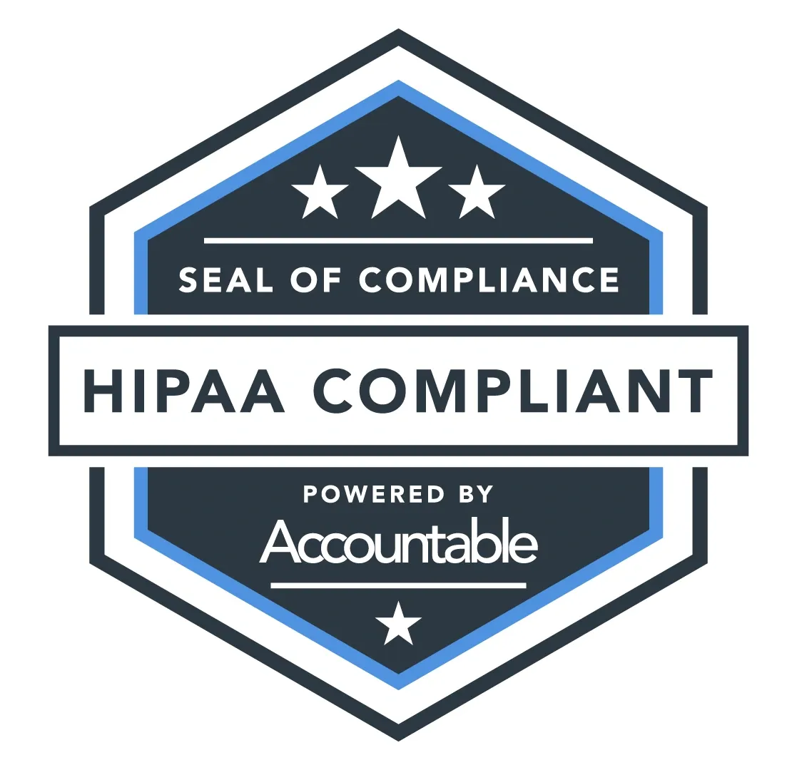Badge: HIPAA Compliant Seal, dark blue and white hexagonal design, three stars and one star,