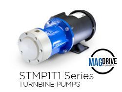 A white and blue MagDrive STMP1T1 Series turbine pump.