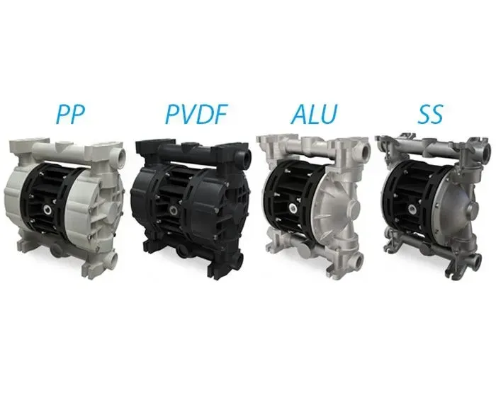 Four air-operated double diaphragm pumps in different materials: PP, PVDF, ALU, and SS.
