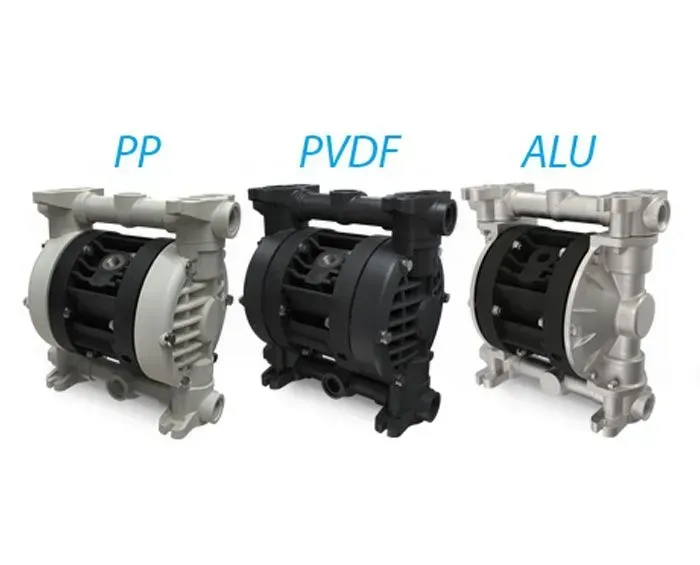 Three air-operated diaphragm pumps labeled PP (gray), PVDF (black), and ALU (silver).