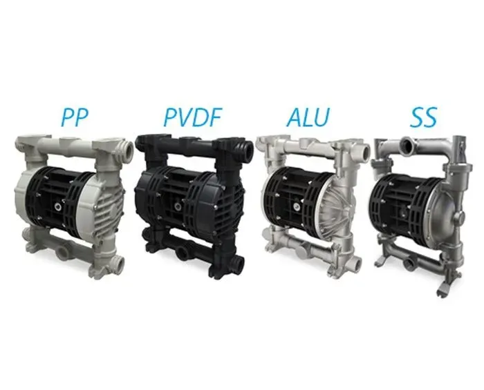 Four air-operated double diaphragm pumps: PP (gray), PVDF (black), ALU (silver), and SS (silver).