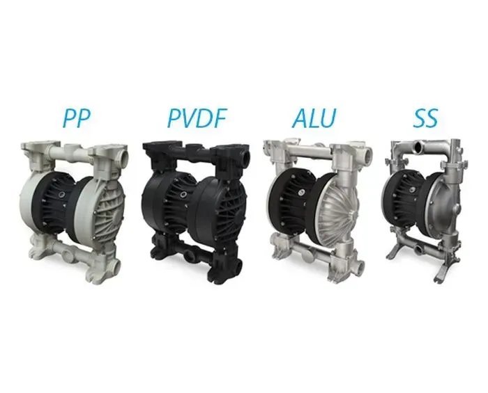 Four air-operated double diaphragm pumps labeled PP (gray), PVDF (black), ALU (aluminum), and SS (stainless steel).