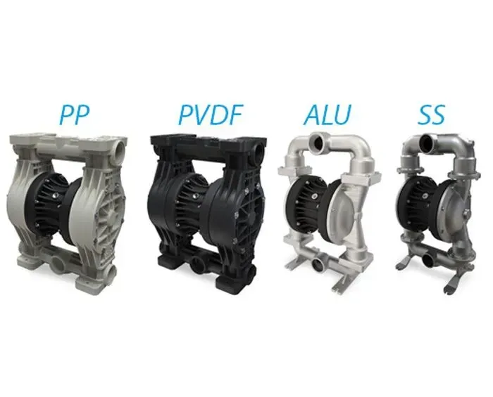 Four air-operated double diaphragm pumps: PP (gray), PVDF (black), ALU (silver), and SS (silver).