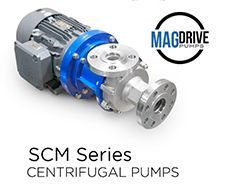 A blue and silver MagDrive SCM Series centrifugal pump with an electric motor.