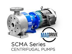 SCMA Series centrifugal pump, stainless steel and blue, with MagDrive logo.