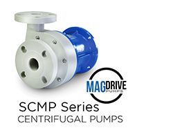 A white and blue MagDrive SCMP Series centrifugal pump.