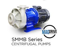 Blue and white centrifugal pump with attached motor, labeled 