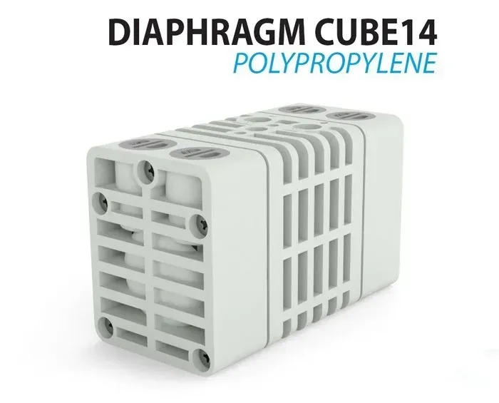 White polypropylene Diaphragm Cube 14; a small, rectangular pump with vents.