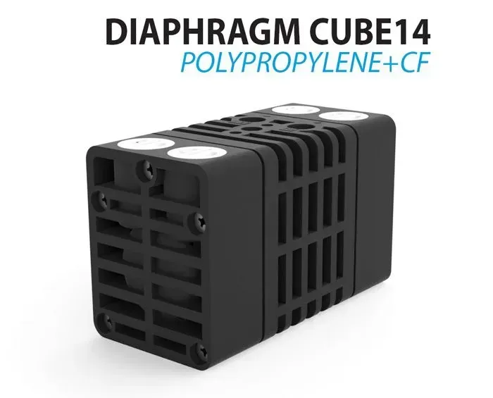 Black DIAPHRAGM CUBE14 made of polypropylene + CF material, with vent slots and mounting holes.