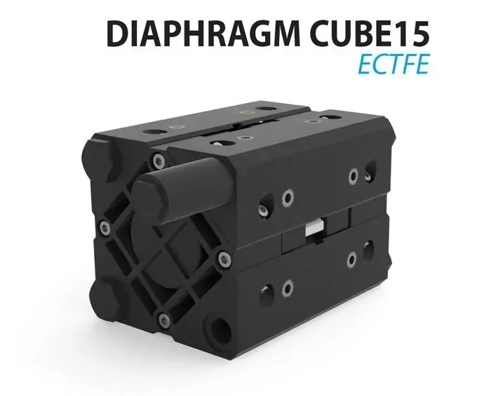 Diaphragm Cube 15, a black and gray square-shaped pump with the text “ECTFE” on top.
