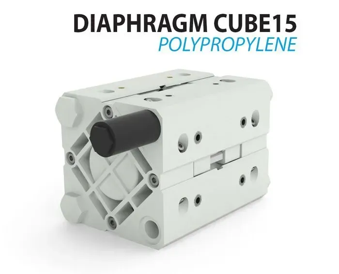 White polypropylene diaphragm cube with a black cylindrical component.