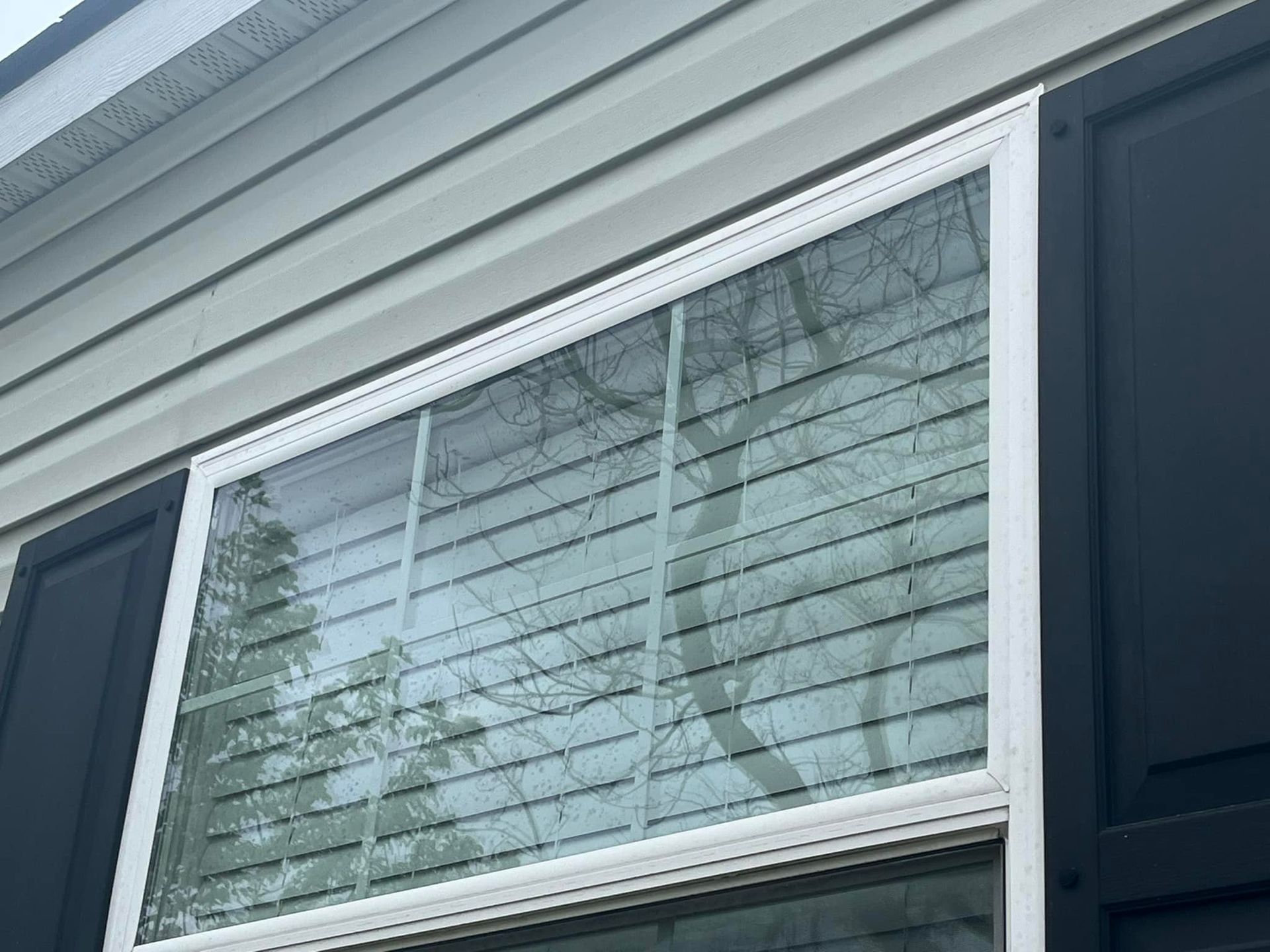 A close up of a window with black shutters on a house.