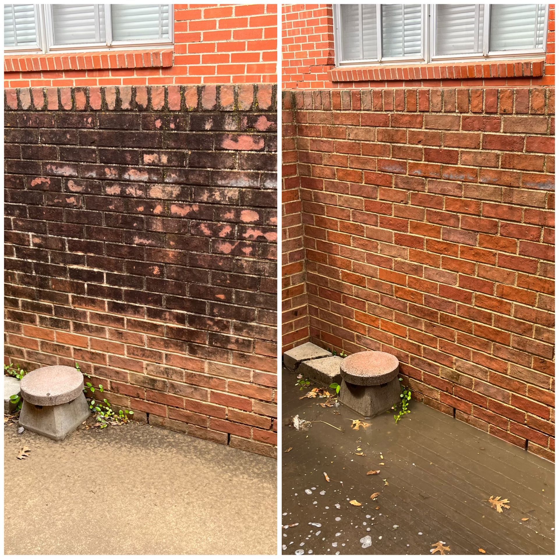 A before and after photo of a brick wall.