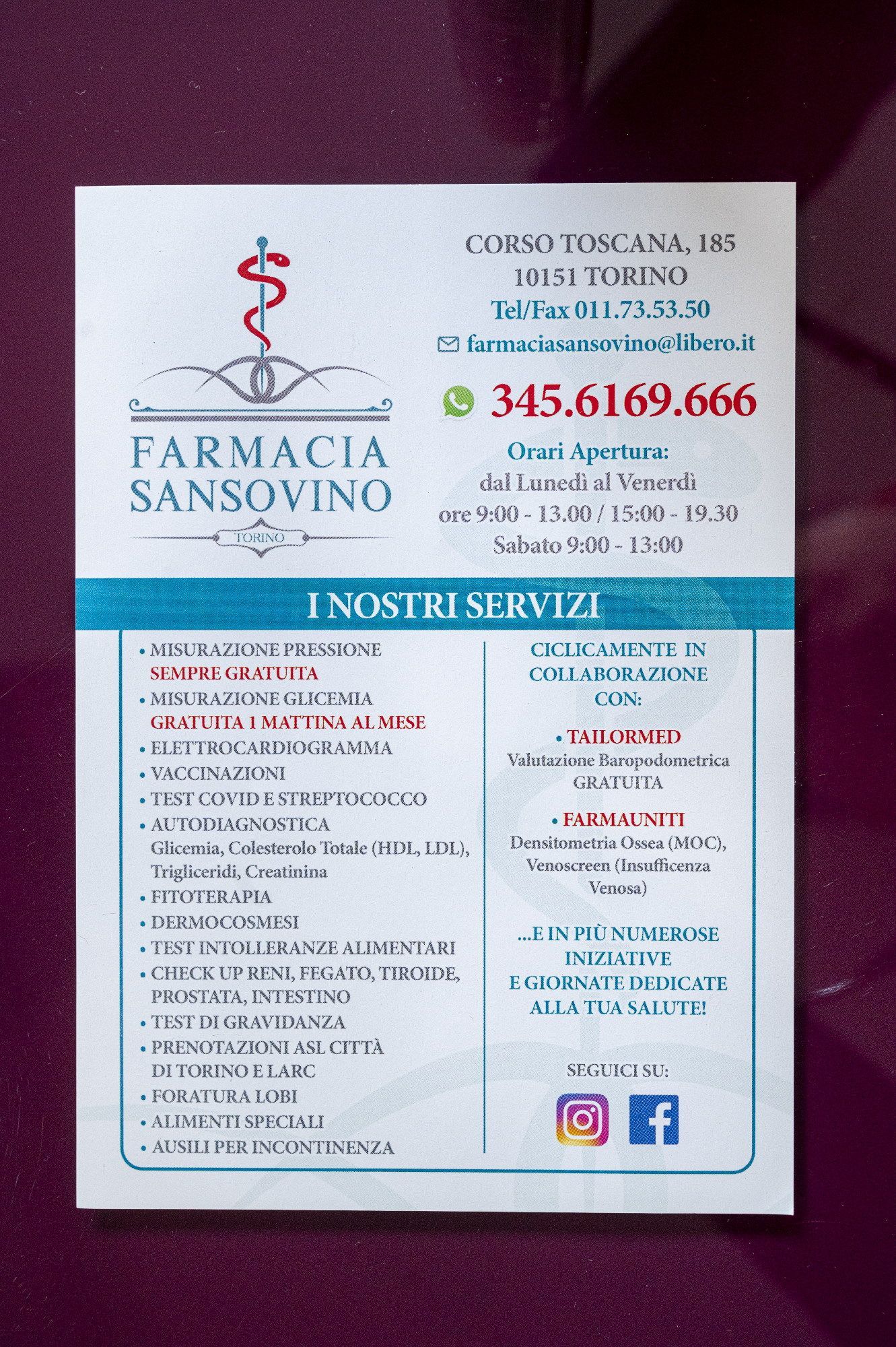 servizi Farmacia Sansovino Torino
