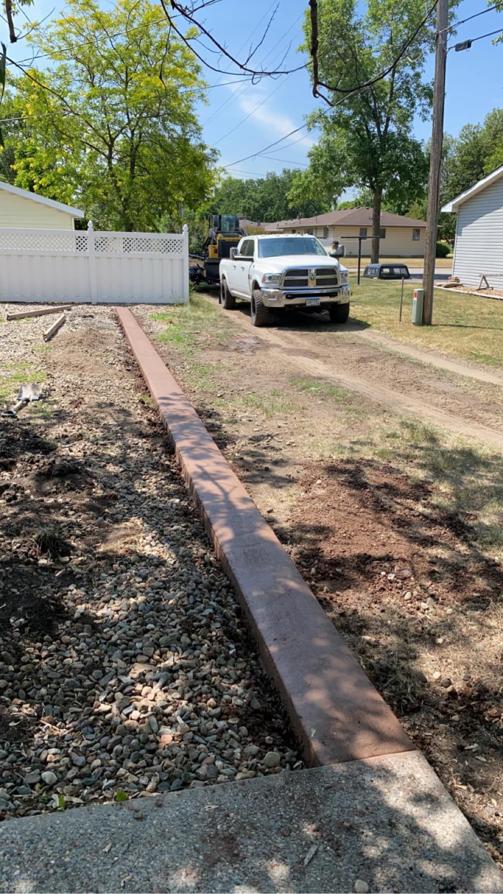 A white truck is parked on the side of a dirt road.