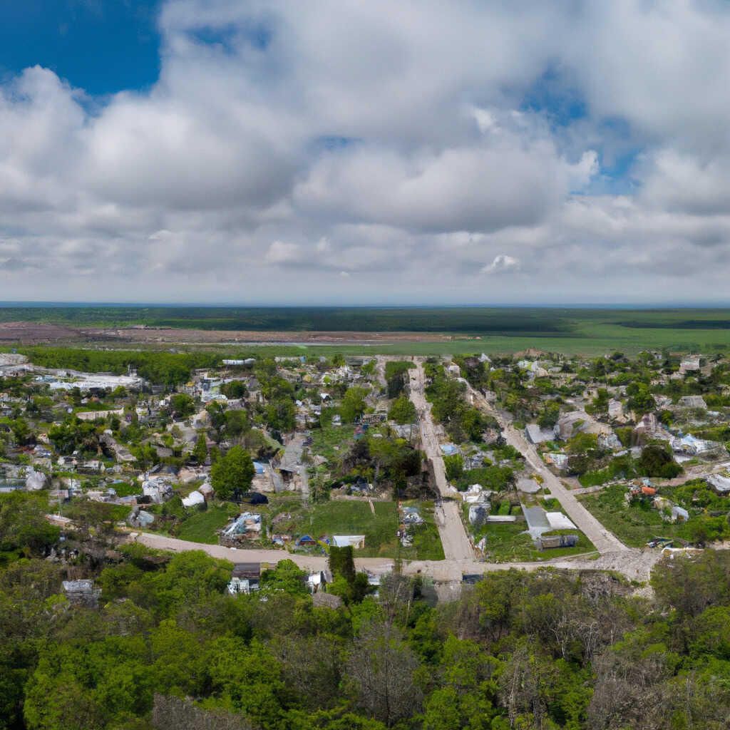An aerial view of a small town surrounded by trees.