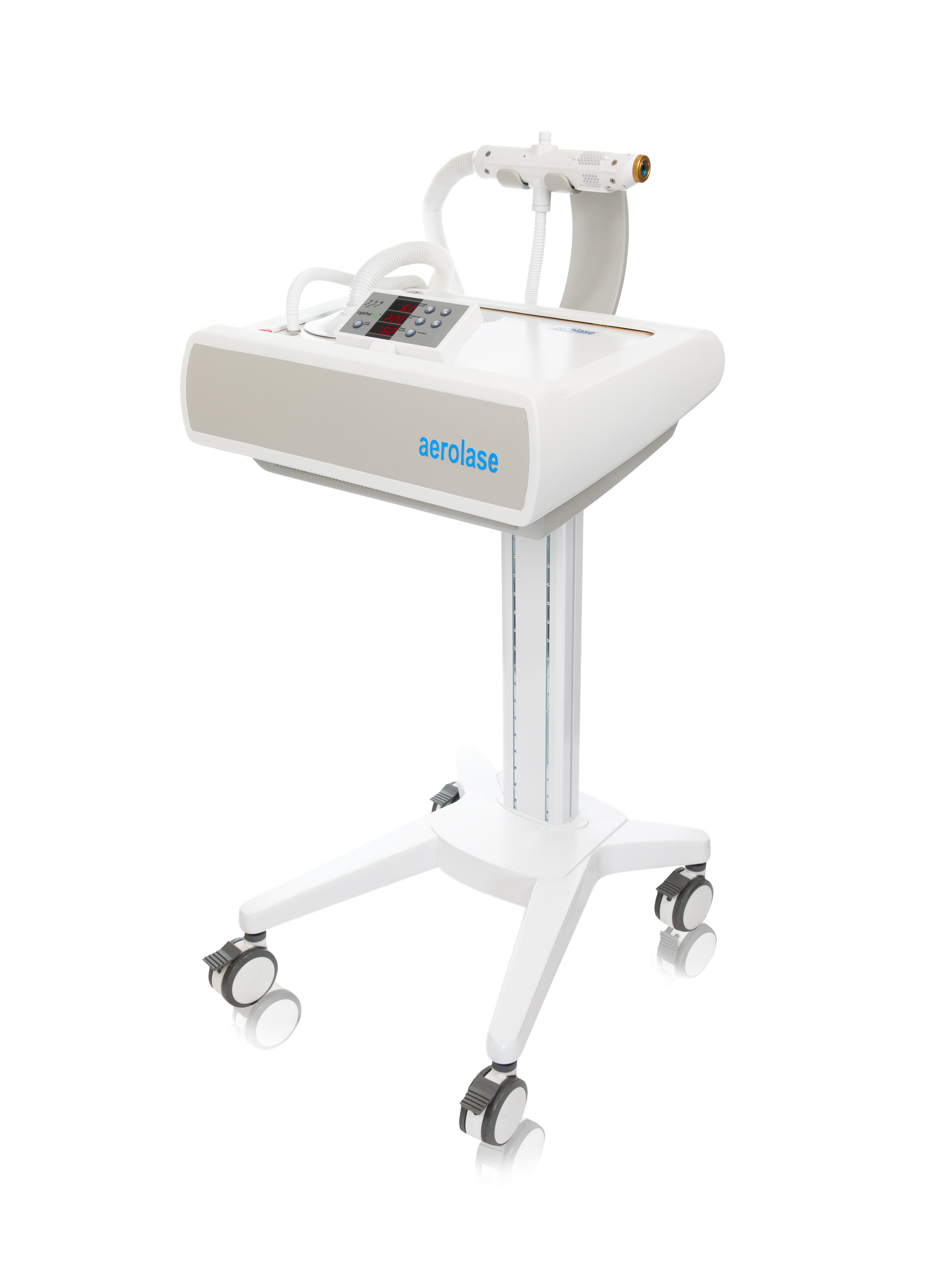 White medical device on a rolling stand, featuring a control panel, tubing, and a handheld applicator.