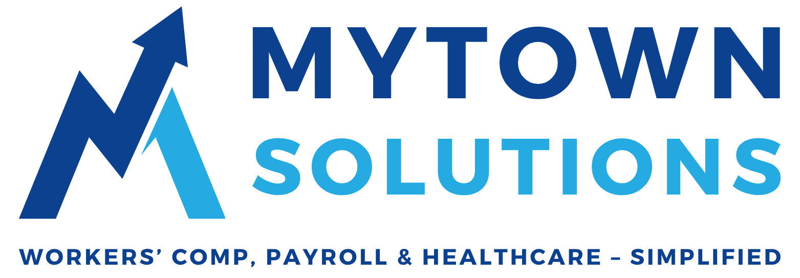 MyTown Solutions logo with blue upward arrow and tagline: workers’ comp, payroll, and healthcare simplified