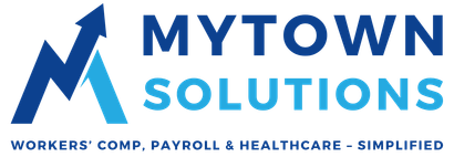MyTown Solutions logo with blue upward arrow and tagline: workers’ comp, payroll, and healthcare simplified