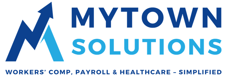 MyTown Solutions logo with blue upward arrow and tagline: workers’ comp, payroll & healthcare simplified
