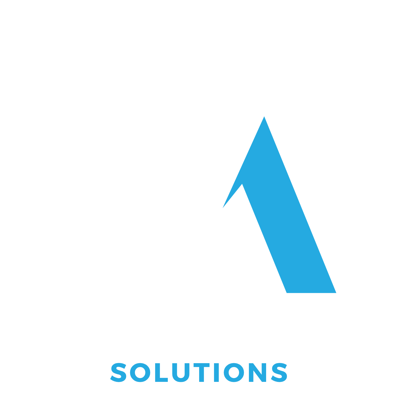 Blue abstract upward arrow above the word “SOLUTIONS” on a white background