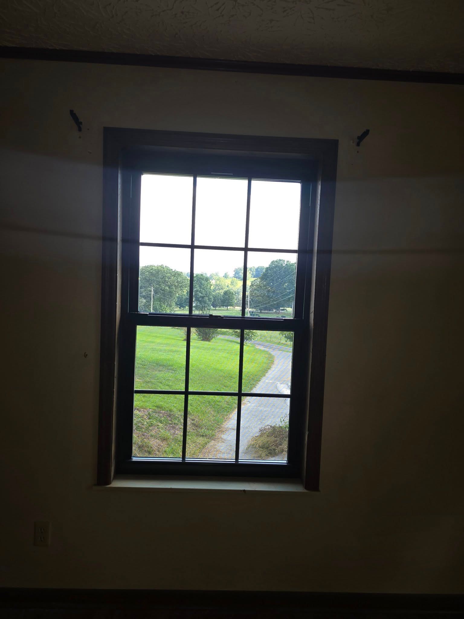 Window with dark wood frame, looking out onto a grassy field with a walking path.