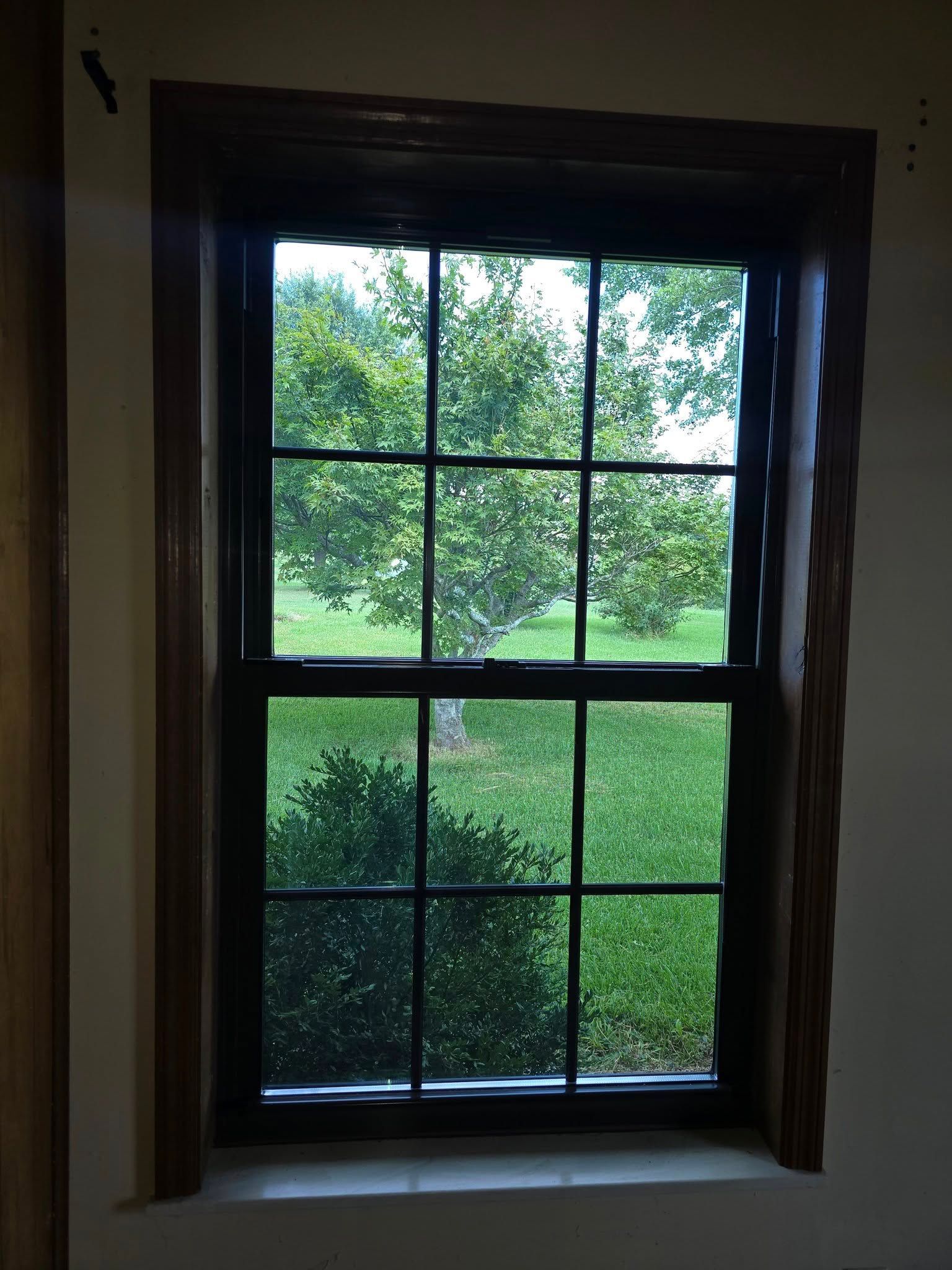 A rectangular window with dark grids offers a view of a tree, green grass, and sky. The window has a brown frame.