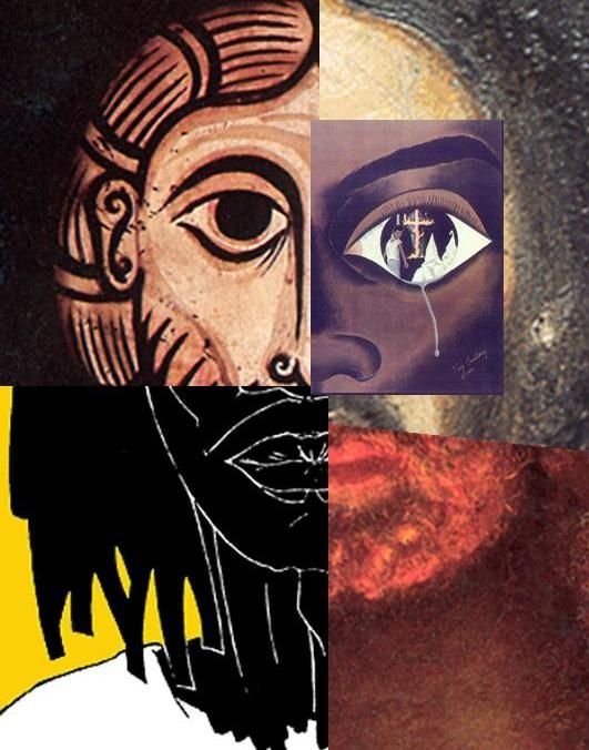 A collage of paintings shows a man with a cross in his eye