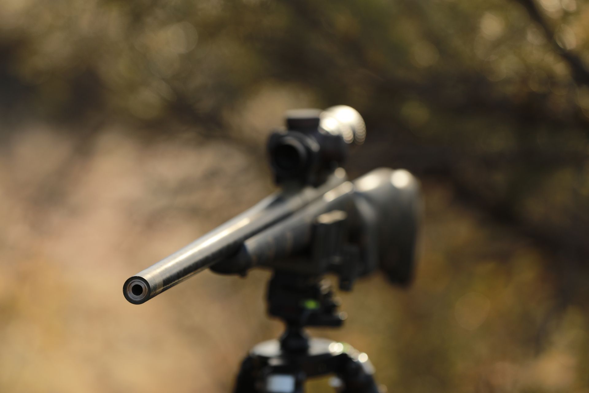 A rifle with a scope mounted on a tripod, barrel facing the viewer, blurred background.