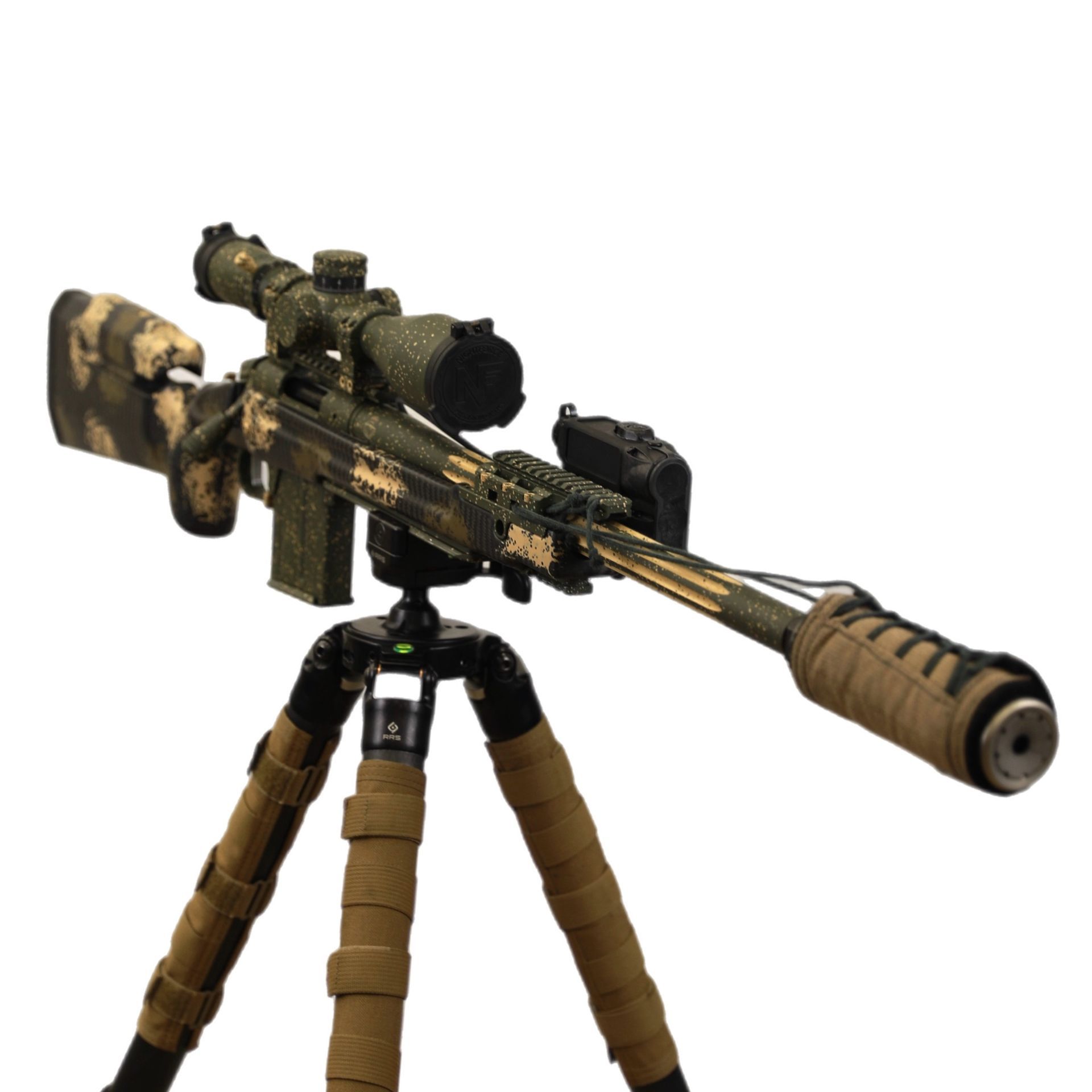Purple and grey camouflage rifle with scope, on white background.