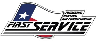 First Service Heating, Air Conditioning, Plumbing logo with red, blue, and black text