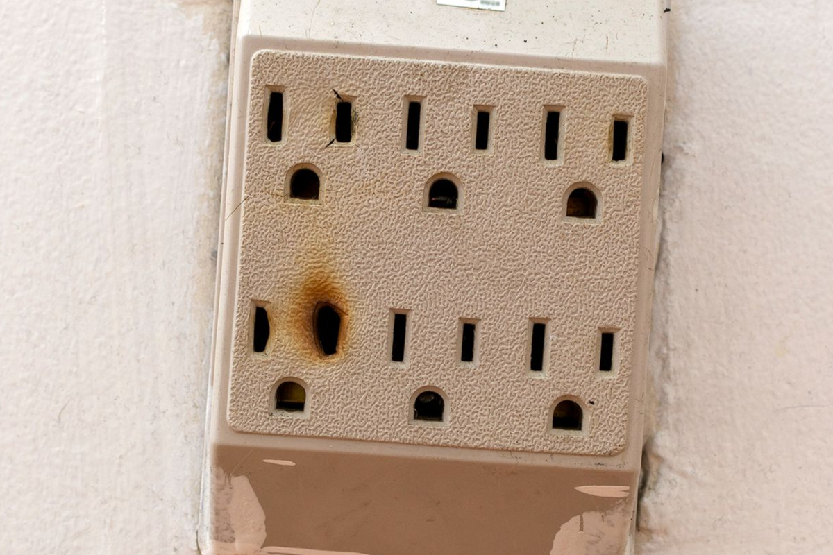 Damaged beige power outlet with scorch mark on a white wall.