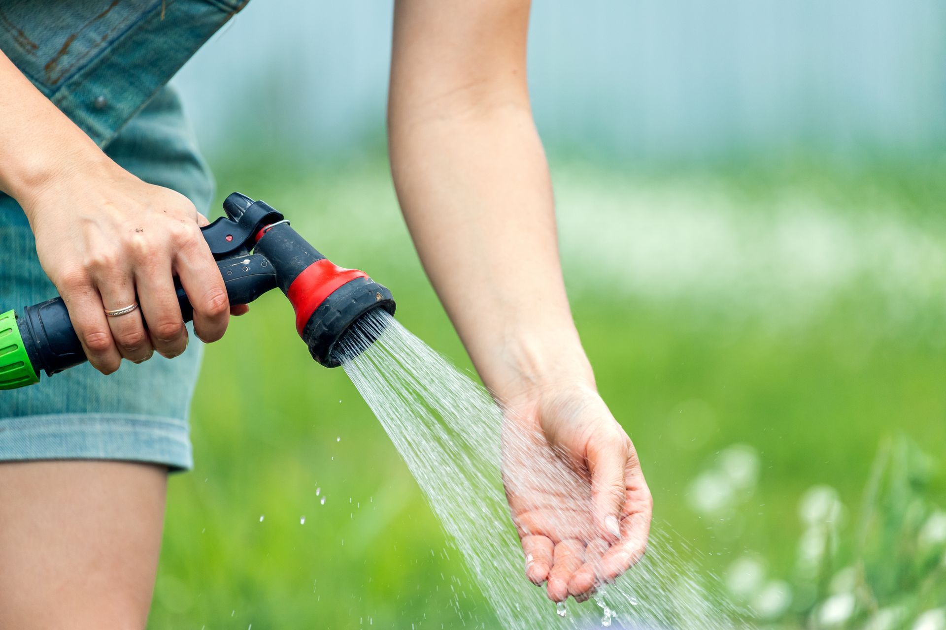 A person is watering a lawn with a hose.
