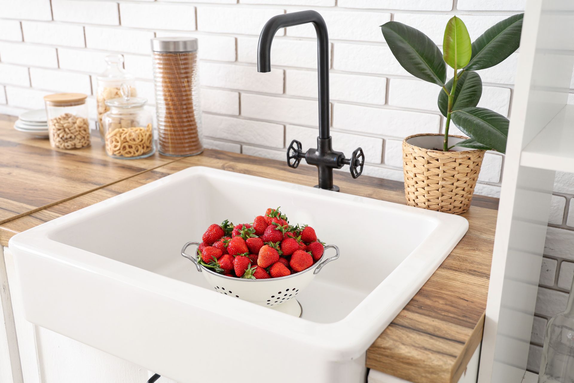 A bowl of strawberries is sitting in a kitchen sink.