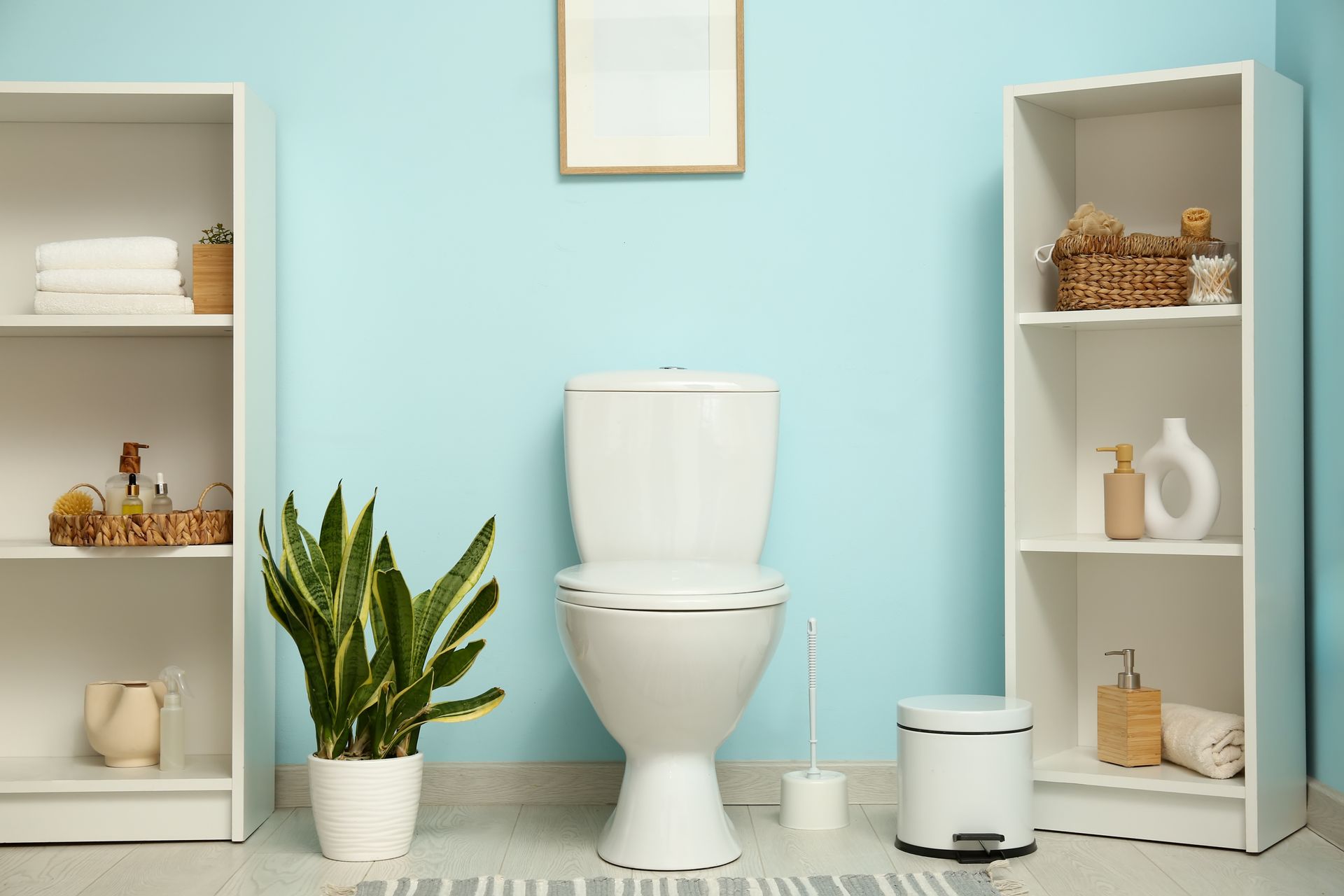 A bathroom with a toilet , shelves , a plant and a picture on the wall.