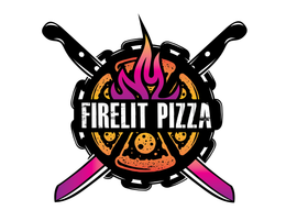 A logo for firelit pizza with two crossed knives and a pizza