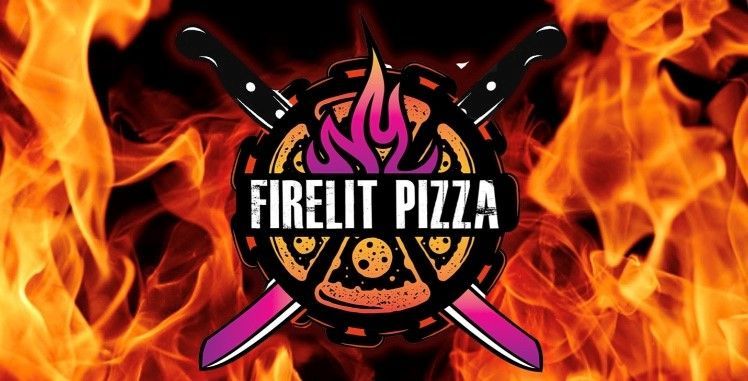 A logo for firelit pizza with flames in the background