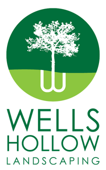 A logo for wells hollow landscaping with a tree in the middle