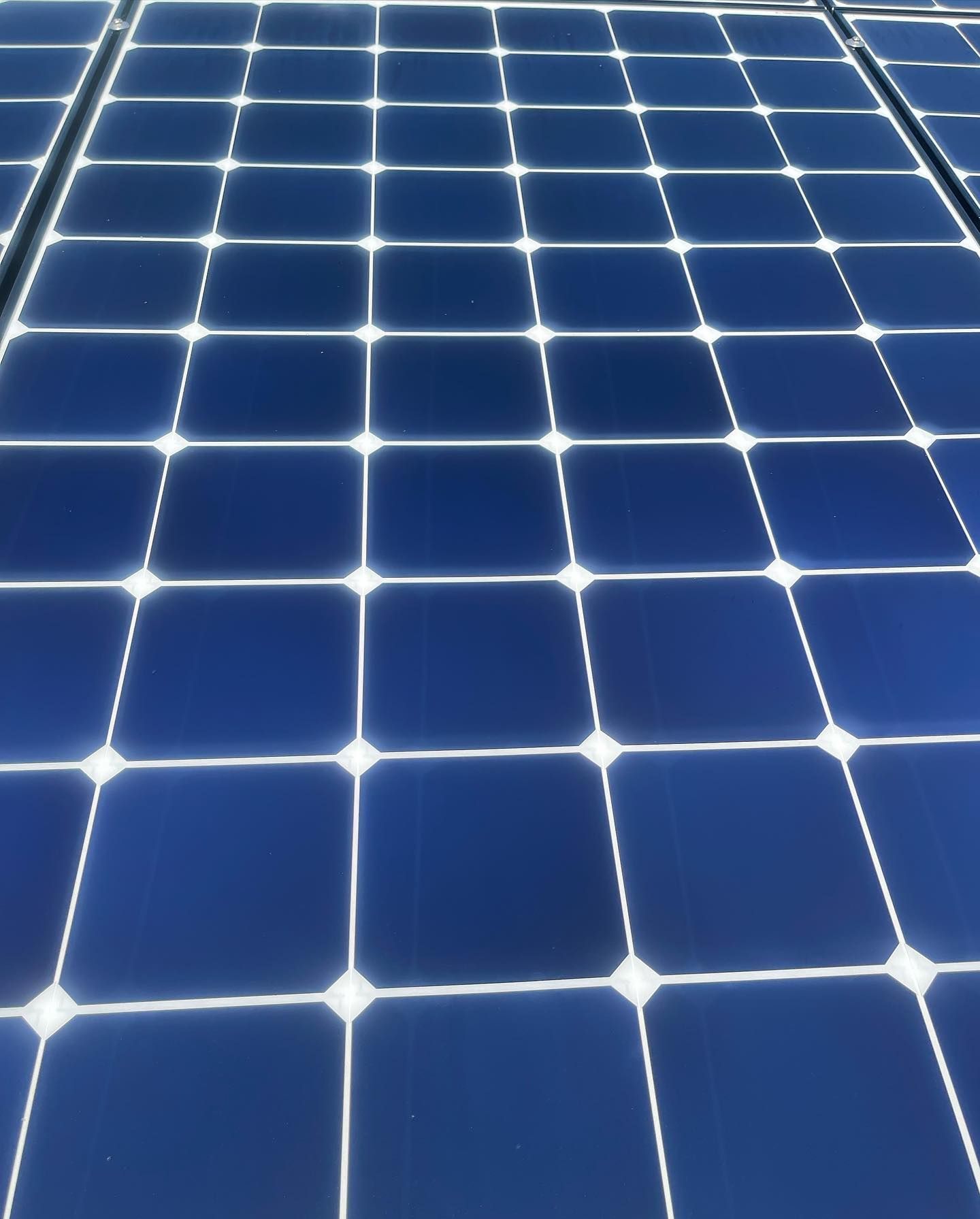A row of blue solar panels with white dots on them