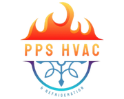 PPS HVAC logo with flames, text, and a blue decorative element.