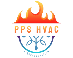 PPS HVAC logo with flames, text, and a blue decorative element.